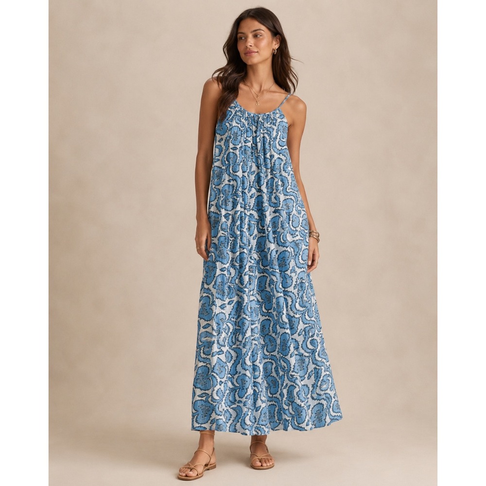 Fitzroy & Willa Blue White Ikat Print Cotton Halter Maxi Dress Womens Small